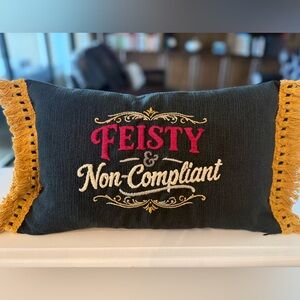 Hand embroidered Feisty & Non-Compliant Decorative Pillow - Black and Gold